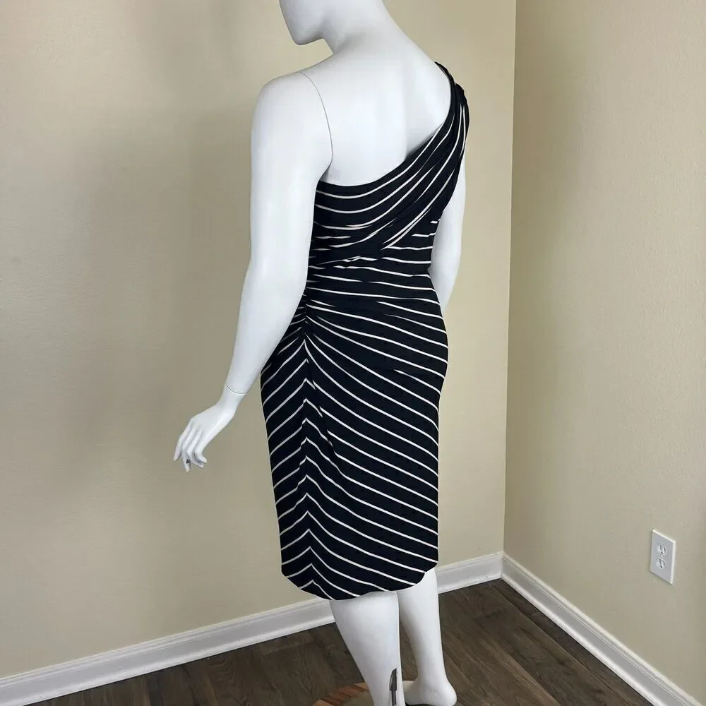 Lauren Ralph Lauren Women Size 16 Black Striped One Shoulder Ruched Sheath Dress